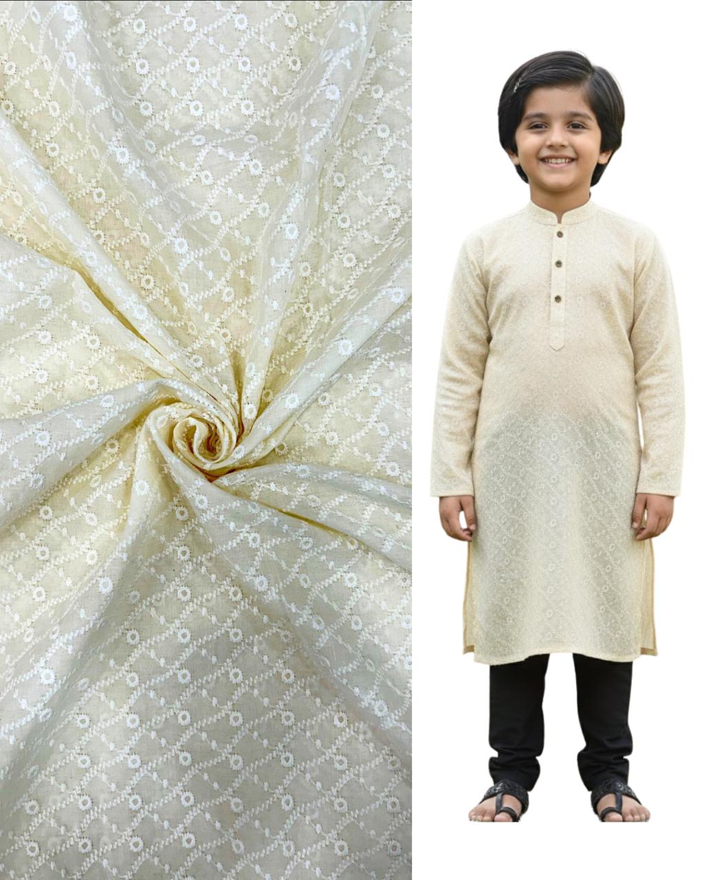Beige embroidered kids kurta with matching floral patterned fabric — premium boys ethnic wear for weddings, festive occasions, and traditional celebrations.