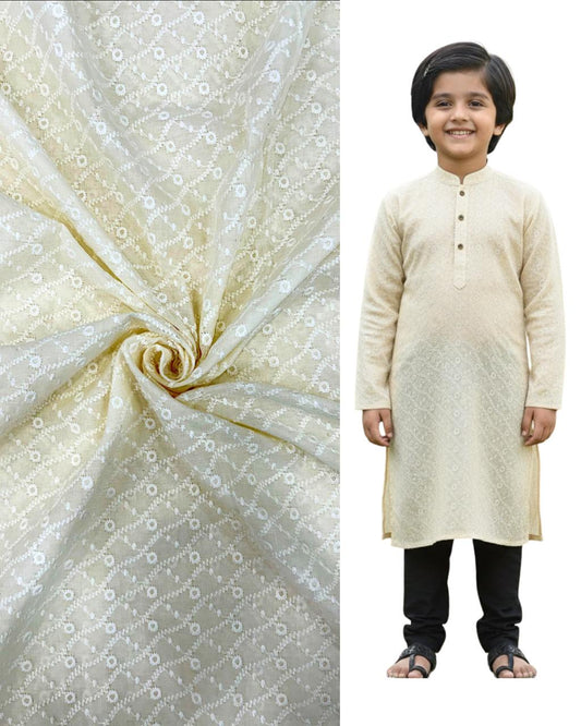 Beige embroidered kids kurta with matching floral patterned fabric — premium boys ethnic wear for weddings, festive occasions, and traditional celebrations.