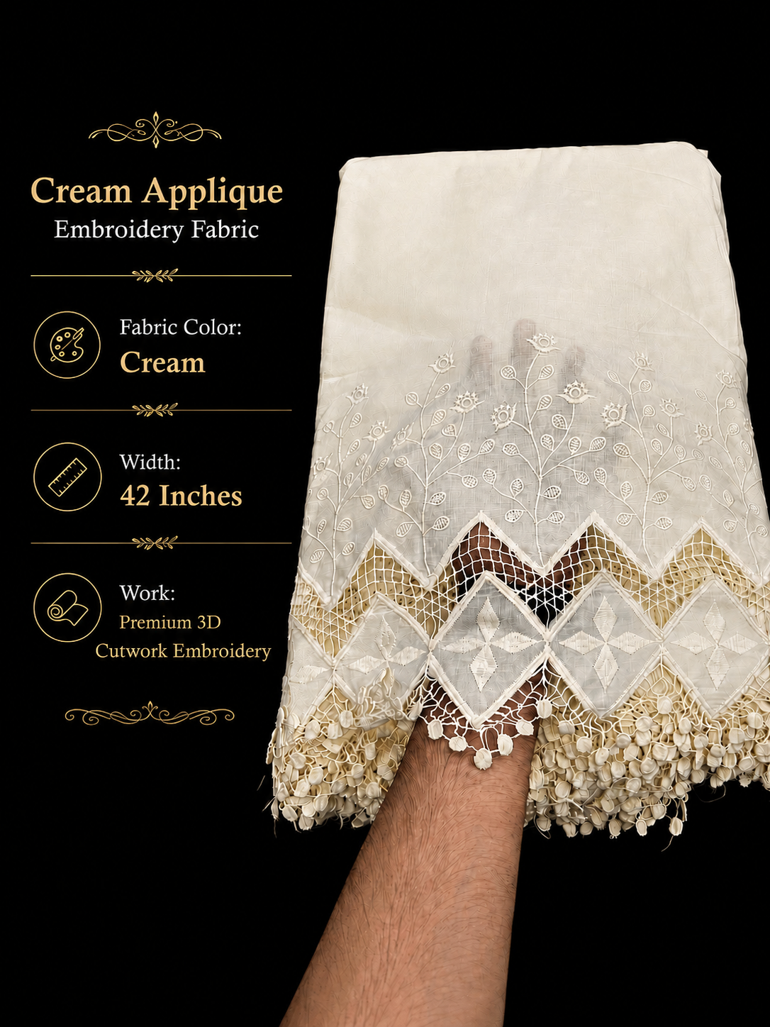Premium Cream Cotton Applique Embroidery Fabric with 3D Cutwork  | 42 Inch Width for Kurti, Palazzo Pant, Suit & Dress Material