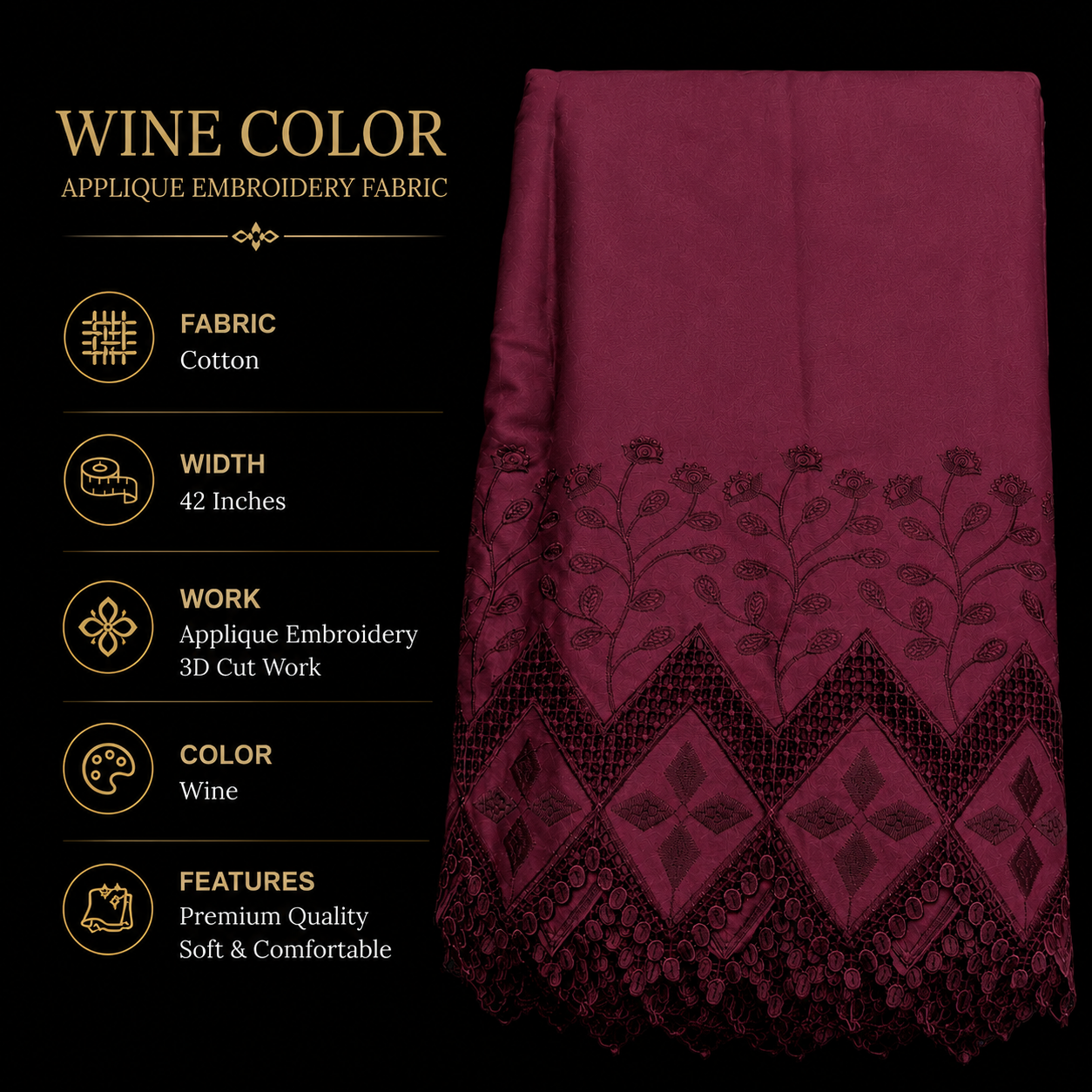 Premium Wine Cotton Applique Embroidery Fabric with 3D Cutwork | 42 Inch Width for Kurti, Palazzo Pant, Suit, Co-Ord Set & Dress Material