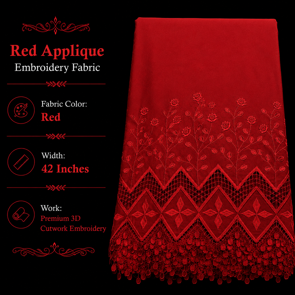 Premium Red Cotton Applique Embroidered Fabric | 42 Inch Width for Kurti, Palazzo Pant, Co-Ord Set & Dress Material