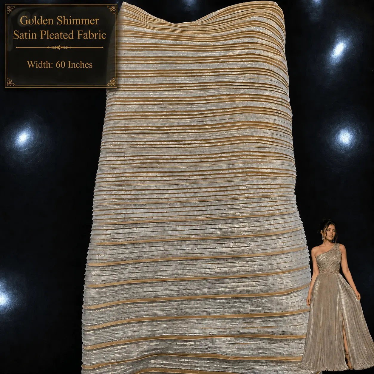 Premium Golden & Silver Shimmer Satin Pleated Fabric with Fancy Work | 60 Inch Width | Luxury Boutique Fabric for Gown, Western Dress, Frock, Evening Wear & Party Wear