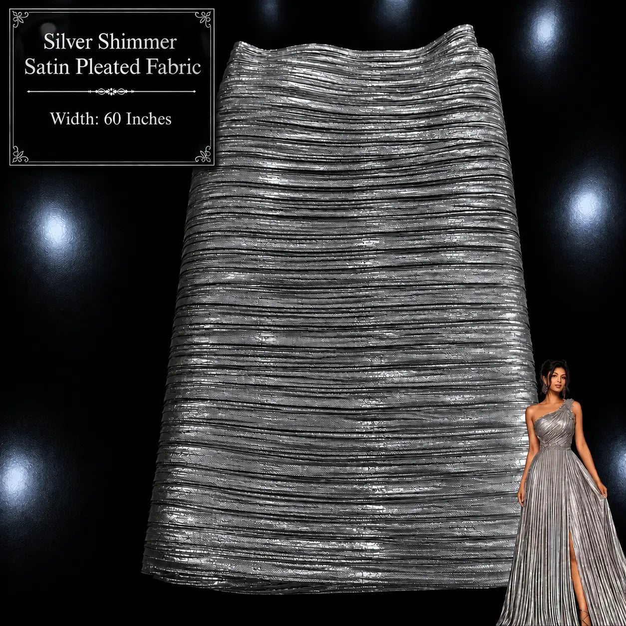 Premium Golden & Silver Shimmer Satin Pleated Fabric with Fancy Work | 60 Inch Width | Luxury Boutique Fabric for Gown, Western Dress, Frock, Evening Wear & Party Wear