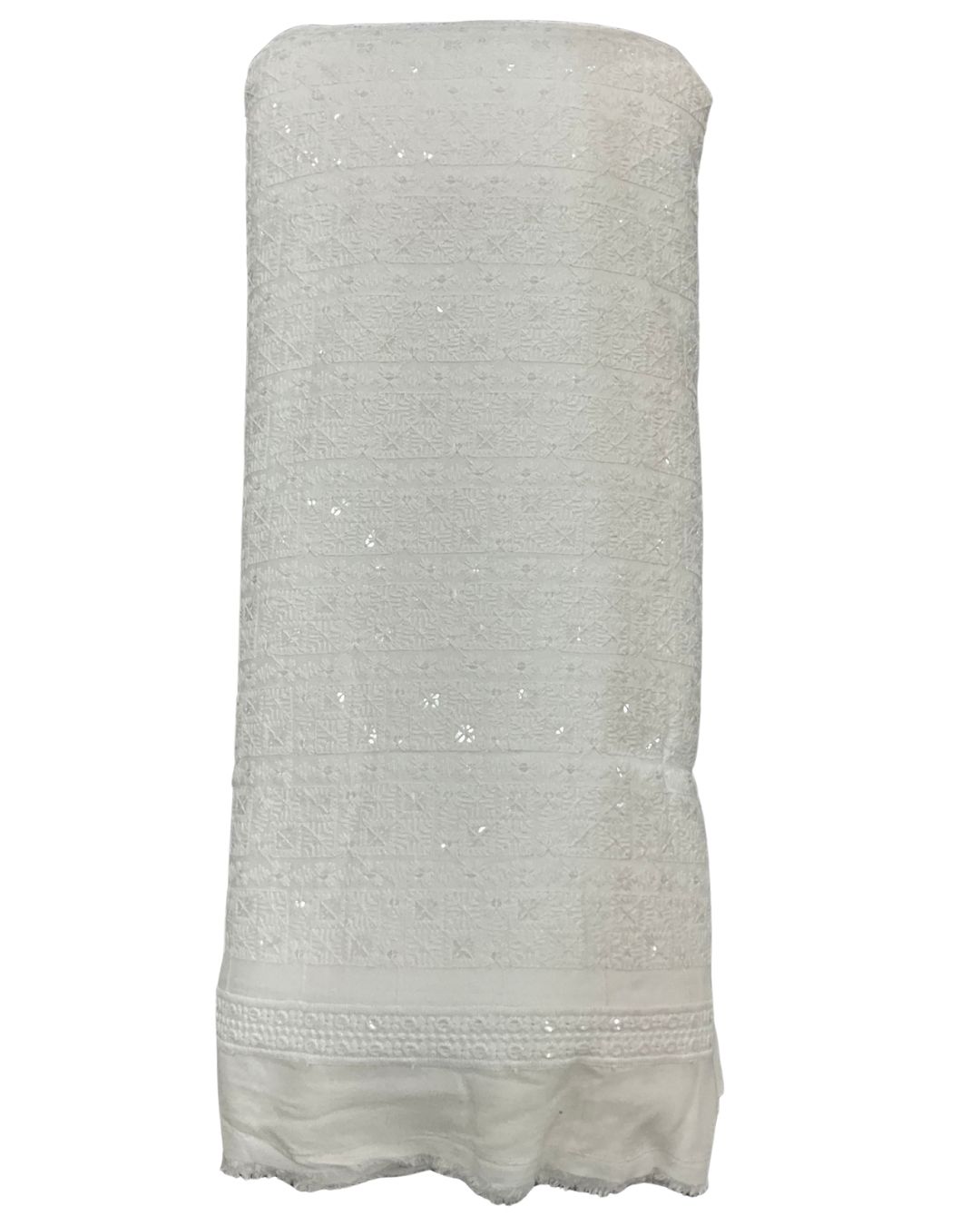 White geometric chess pattern embroidered kurta fabric with sequin highlights for weddings and party wear.
