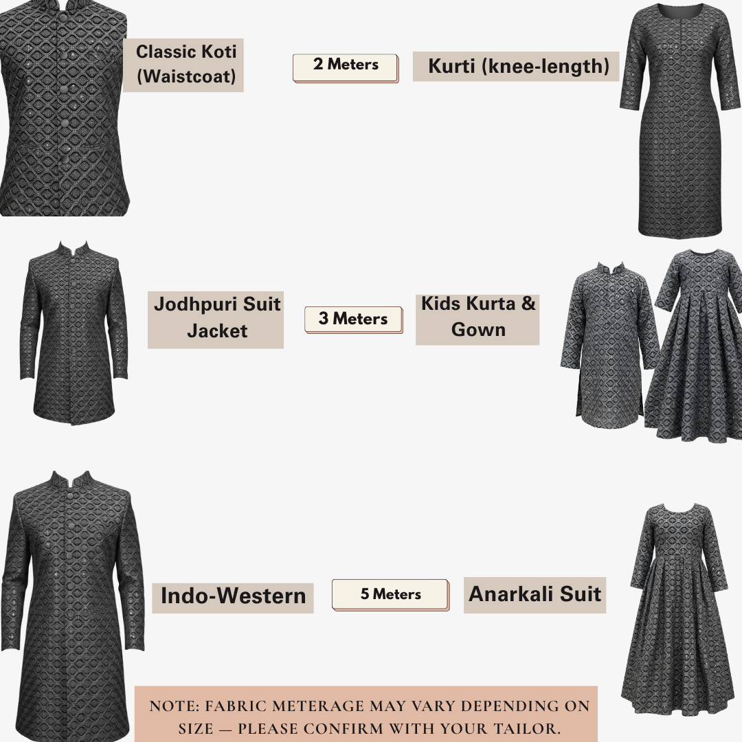 Heavy embroidered grey velvet fabric with intricate threadwork and sequin detailing, premium designer material for sherwani, gowns, kurtis and festive outfits.