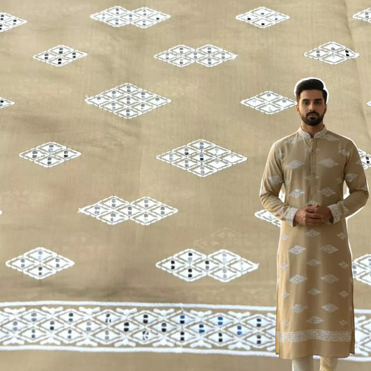 Men’s beige Roman silk kurta fabric with white mirror work and embroidery — premium festive material.