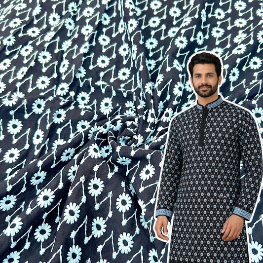 Black contrast floral embroidered fabric with white thread and sequin work for festive wear
