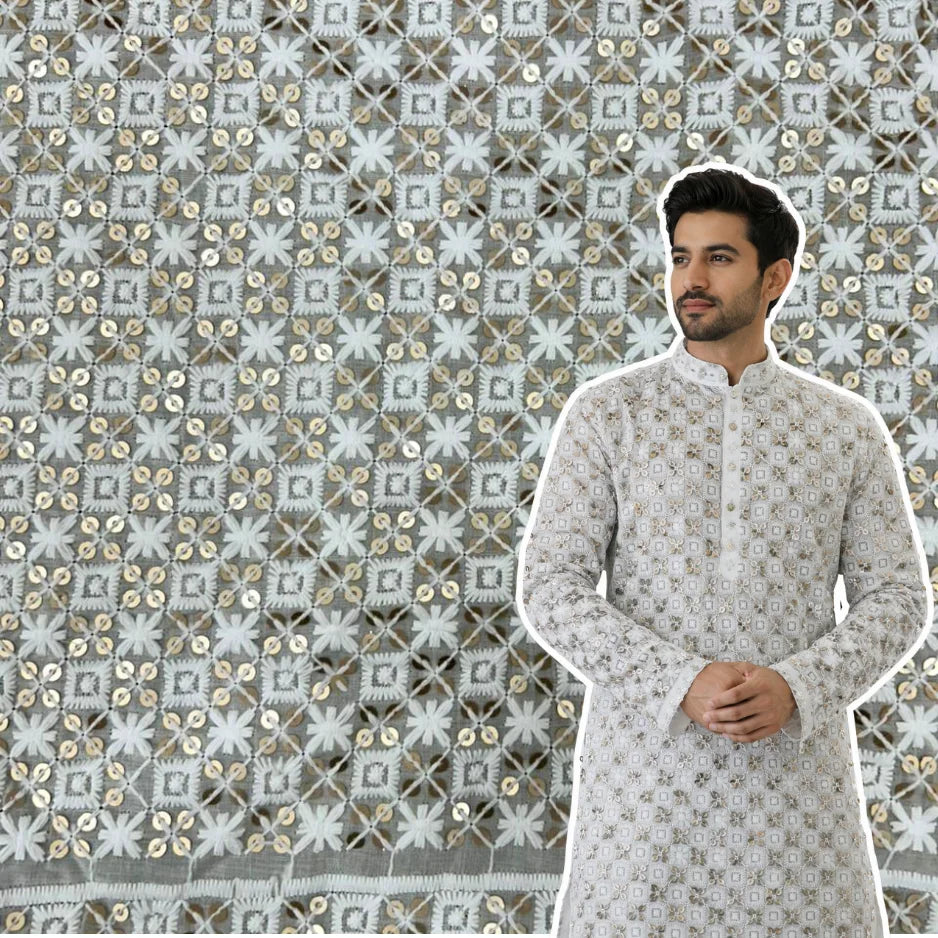 Premium Cream Cotton Sequin and Thread Embroidery Fabric for Men’s Kurta and Festive Wear.