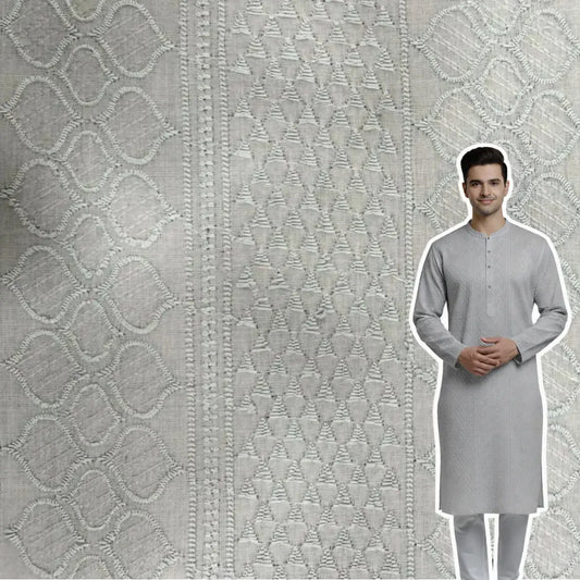 Cotton patta fabric for men grey color with traditional woven ethnic pattern