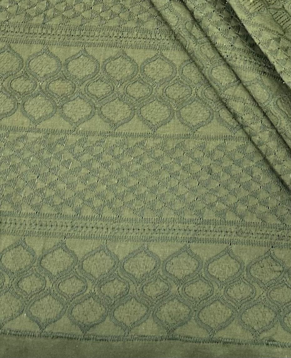 Cotton patta fabric for men in olive green color with traditional woven ethnic pattern
