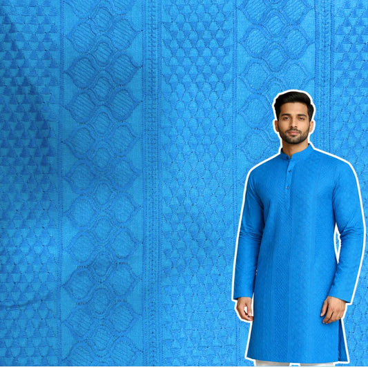 Cotton patta fabric for men petrol blue color with traditional woven ethnic pattern