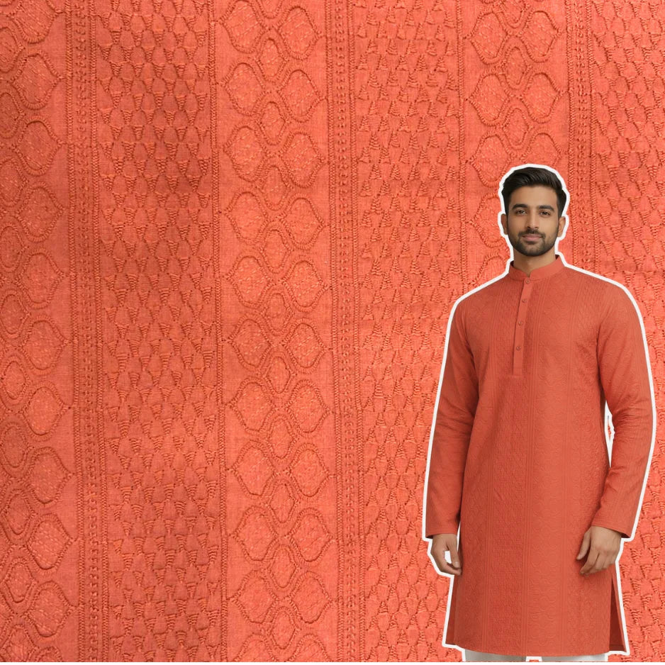 Cotton patta fabric for men rust color with traditional woven ethnic pattern