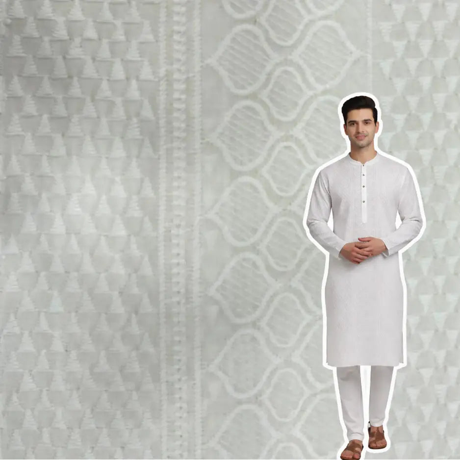 Cotton patta fabric for men white color with traditional woven ethnic pattern