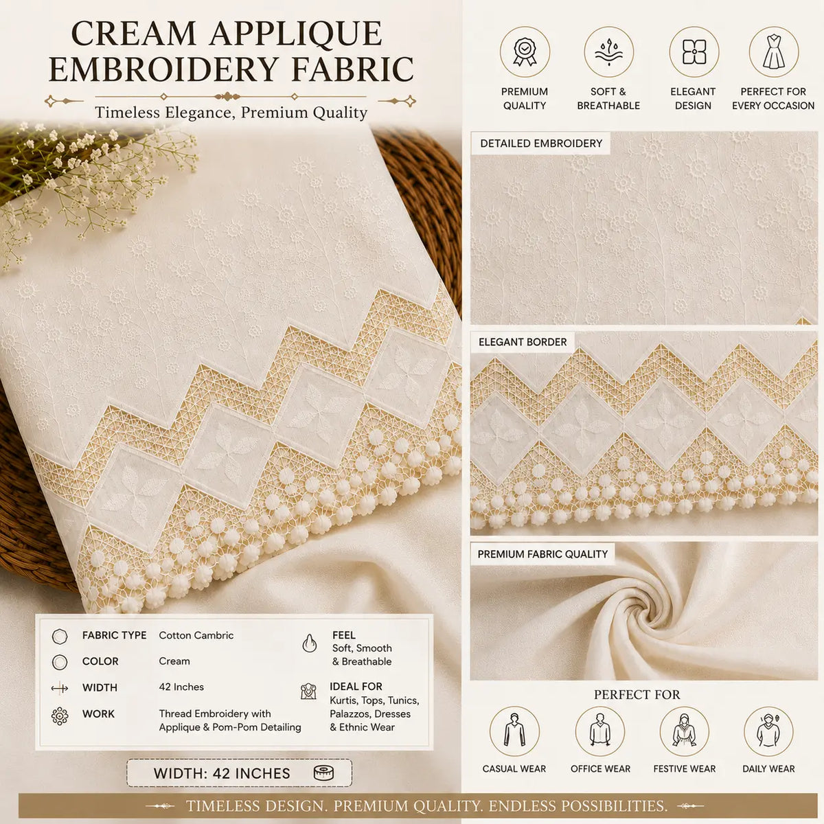 Premium Cream Applique Embroidery Fabric | 100% Cotton | 42 Inch Width | Thread Embroidery with Applique & Pom-Pom Detailing | Ideal for Kurti, Dress Material, Palazzo, Tunics & Boutique Fashion | ThreadnThan