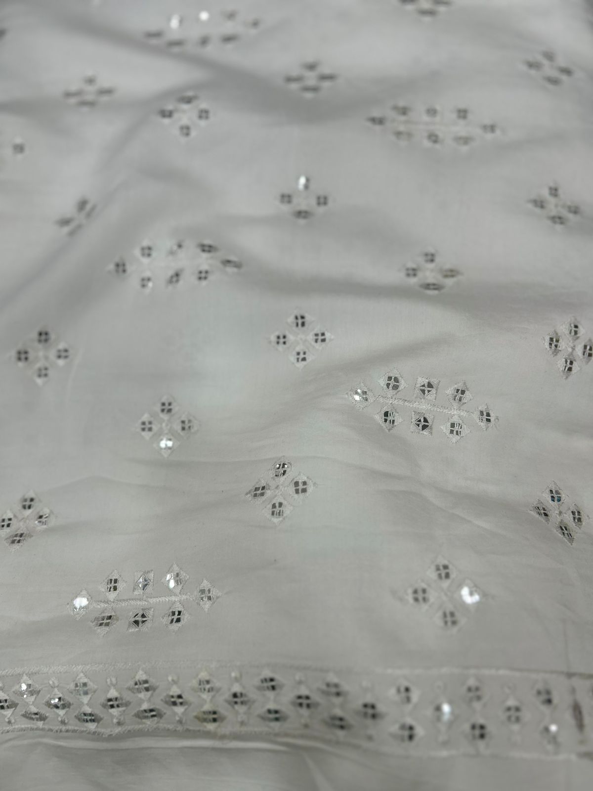 Premium Cream Roman Silk Mirror Work Fabric for Festive Kurta Outfit.