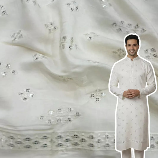 Cream Roman Silk Fabric with Mirror Work for Men’s Kurta Design.