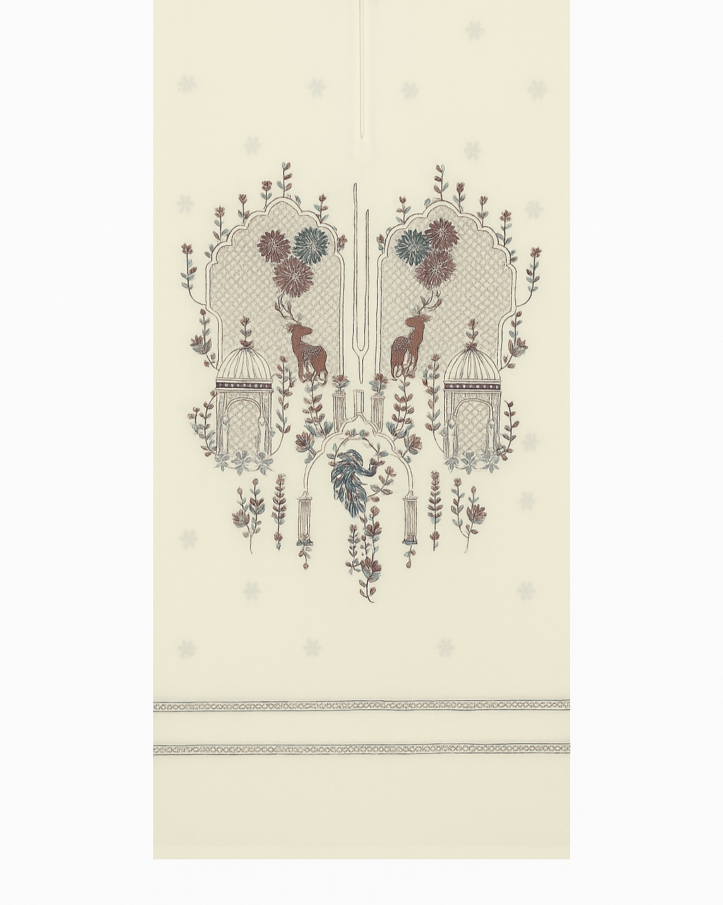 Off-white unstitched fabric with unique, detailed embroidery featuring deer, floral bunches, and stylized cage/lantern motifs.