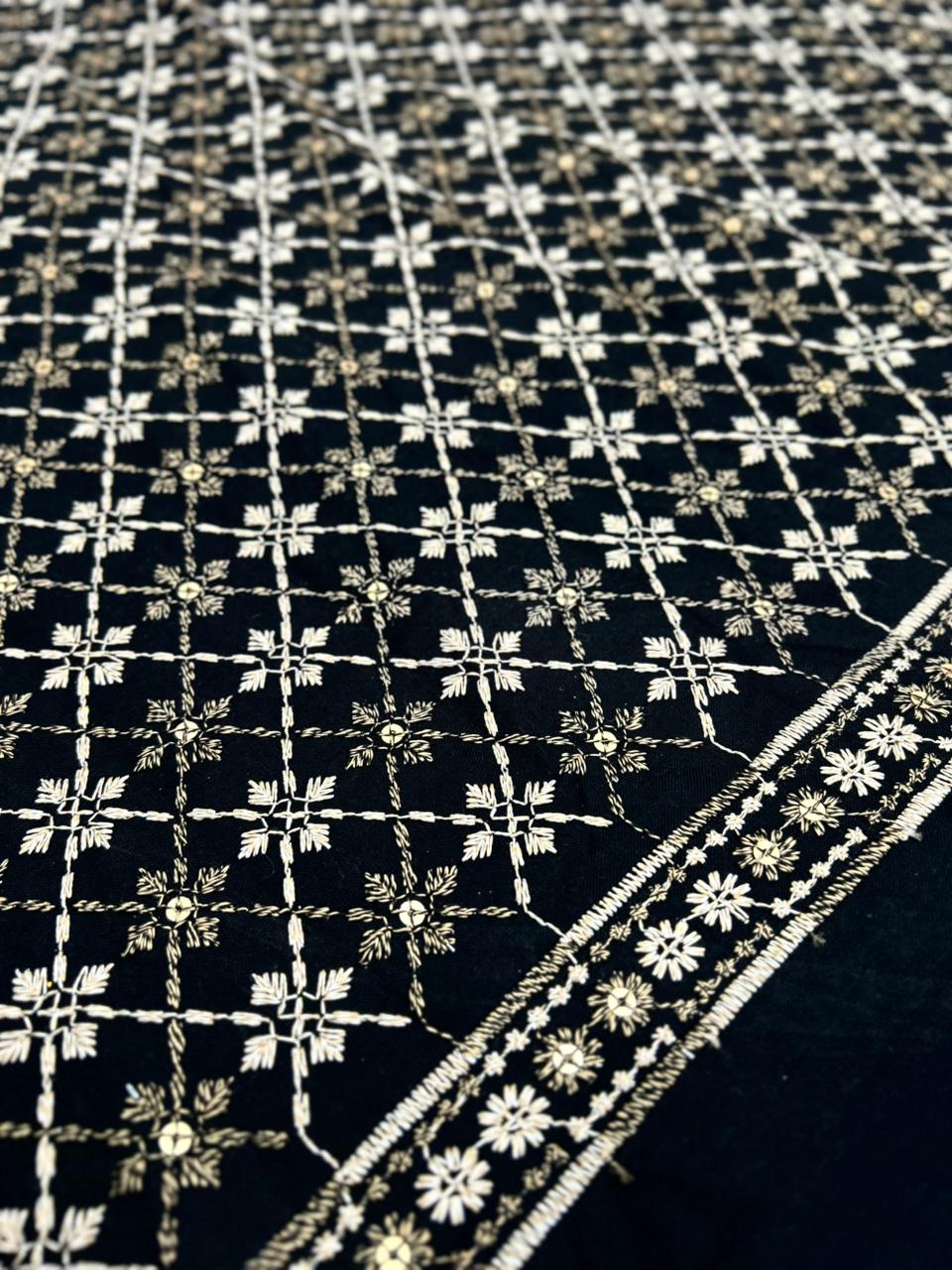 Designer black rayon embroidered kurta fabric ideal for ethnic and celebration wear