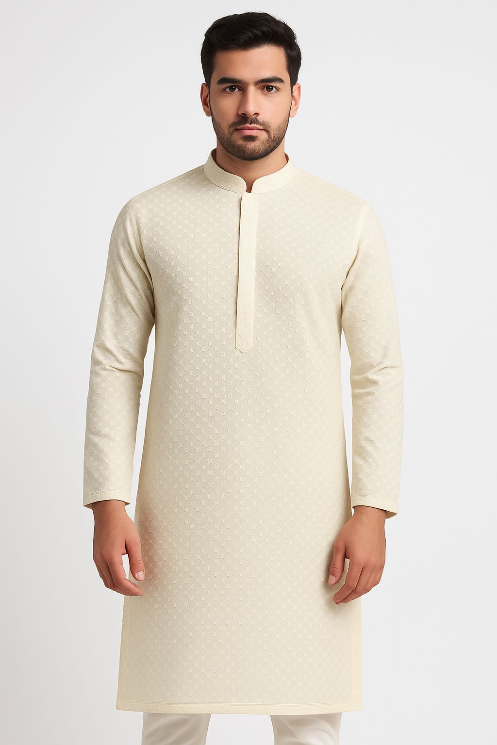 Pastel cream cotton kurta fabric with all-over pagdi embroidery for men