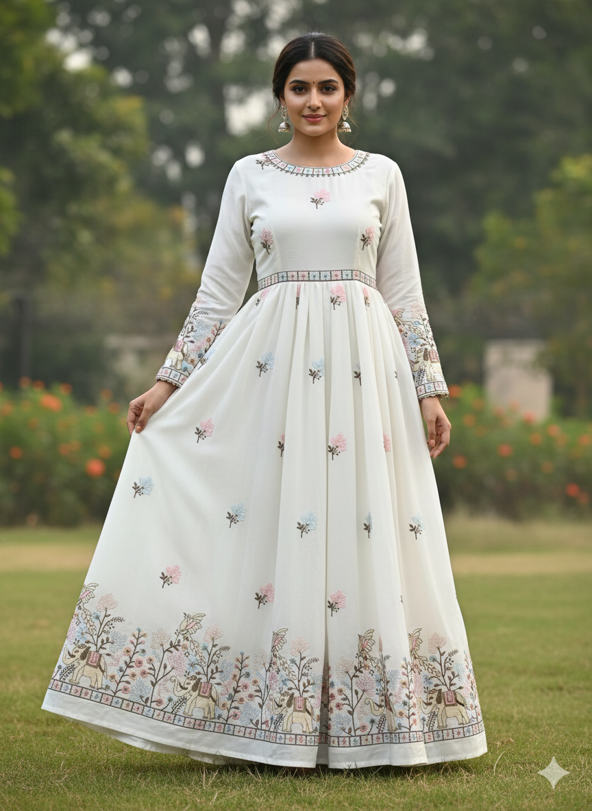 Designer white malai satin dress material for women featuring heavy embroidery, elephant border and floral butti detailing