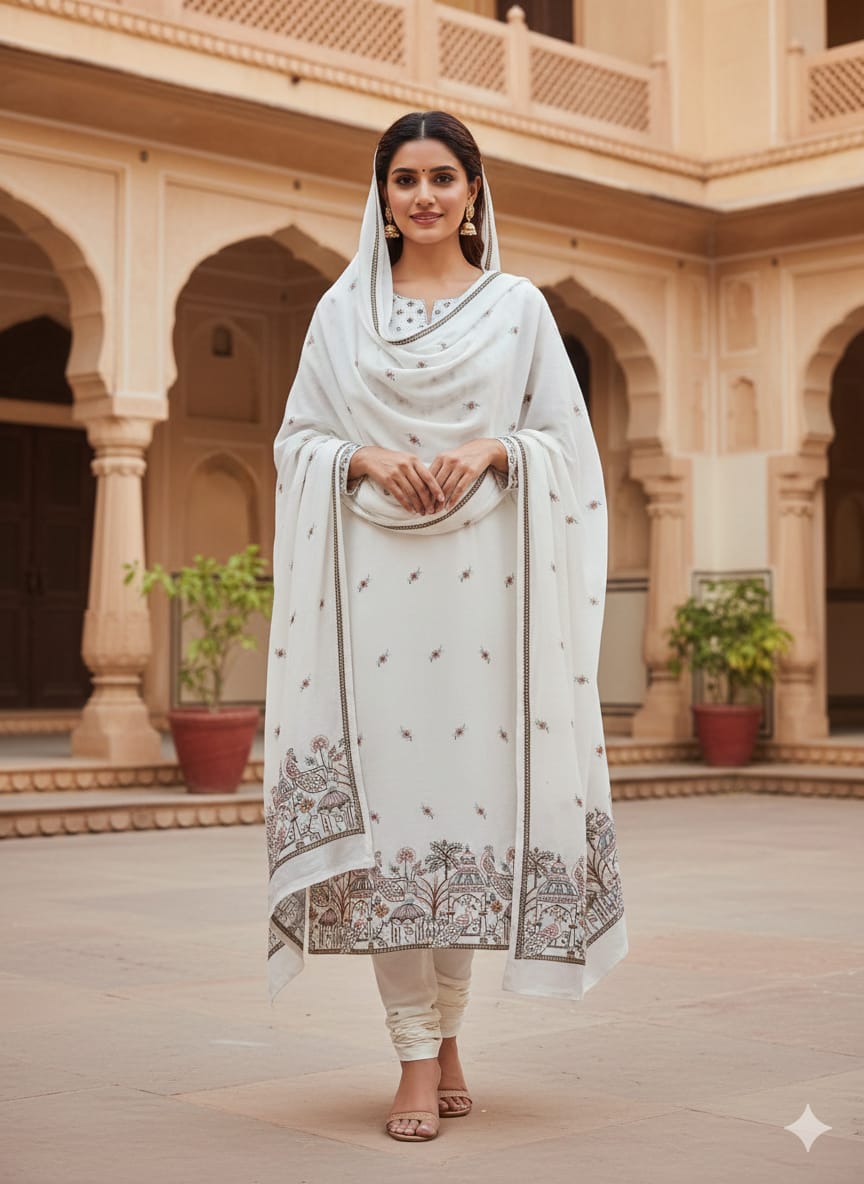 White malai satin suit fabric with all over butti and peacock border embroidery, perfect for festive and traditional outfits