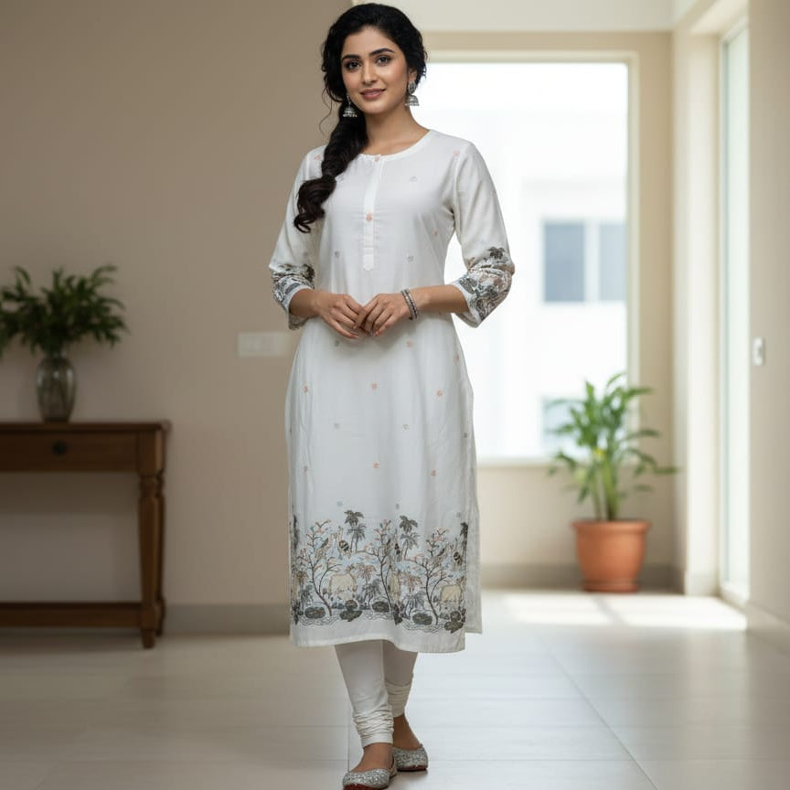 Designer white malai satin fabric for women suit with heavy embroidery, cow motif and nature theme border