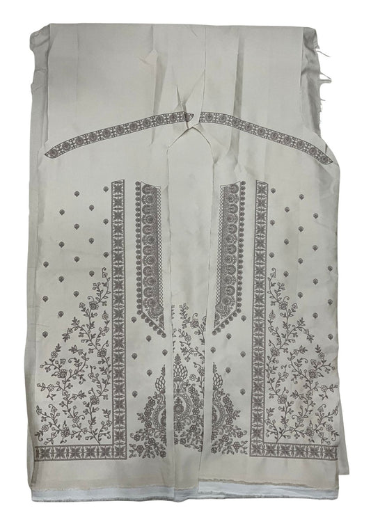 Unstitched men's kurta fabric with a wide embroidered yoke pattern. The design combines detailed floral vine work and vertical borders.