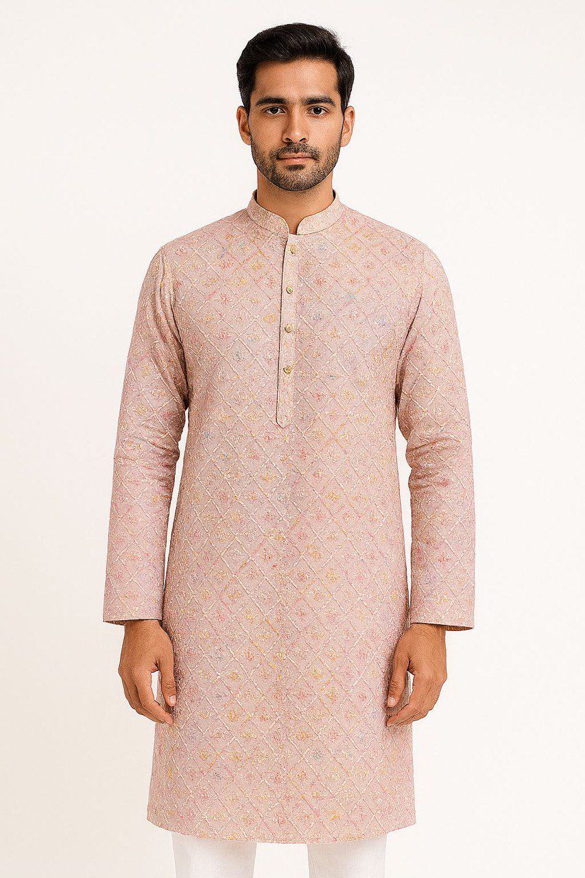 Premium rayon viscose digital print fabric with thread embroidery and sequin work for ethnic festive kurta outfits.