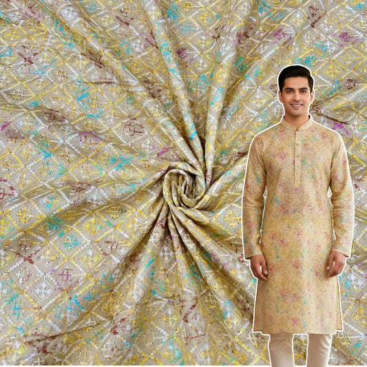 Beige digital print rayon viscose kurta fabric with embroidery and sequin work for festive menswear.