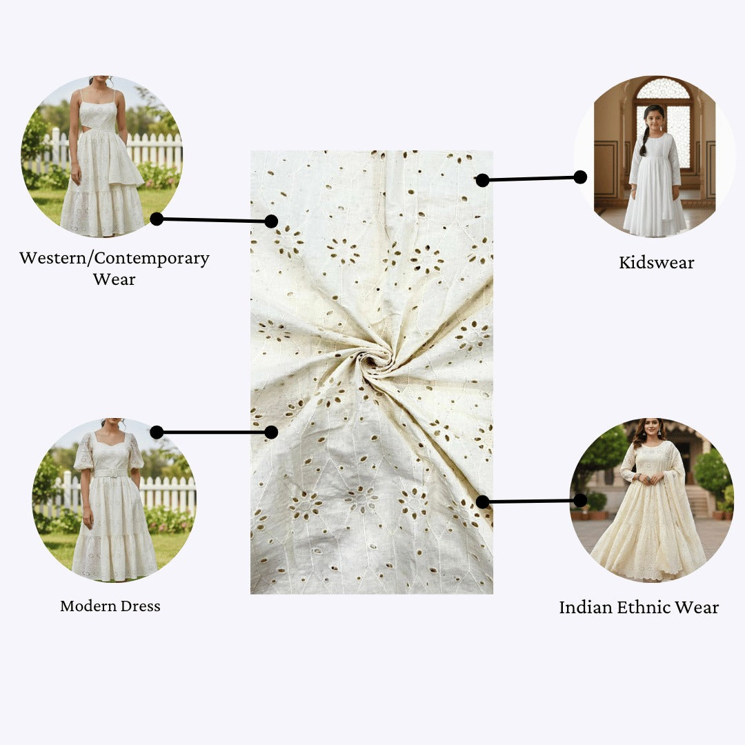 Hakoba fabric stitched into modern dress, ethnic kurta set, and kidswear with fabric meter guide.