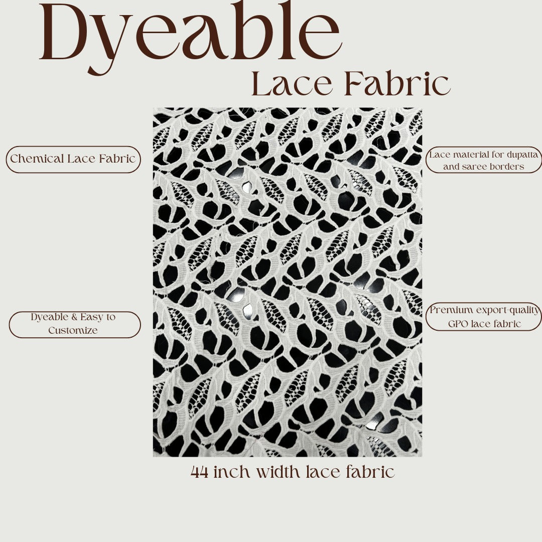 Dyeable leaf pattern GPO lace fabric, customizable for dresses and overlays.