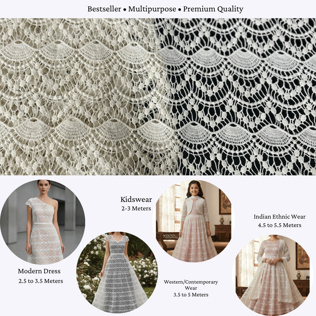 Scalloped white GPO lace fabric texture.