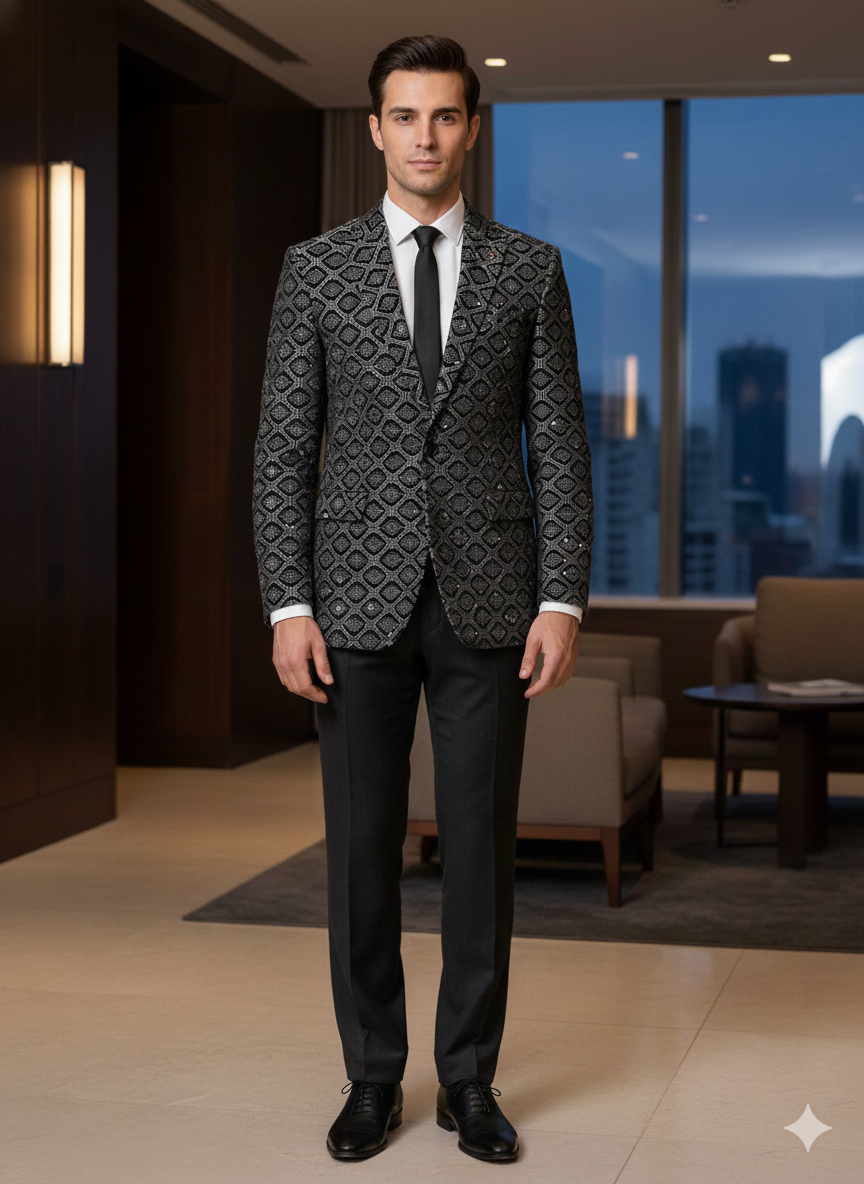 Grey velvet embroidery fabric with rich textured threadwork and sequins, luxury fabric suitable for sherwani, kurtis, gowns and statement Indo-western garments.