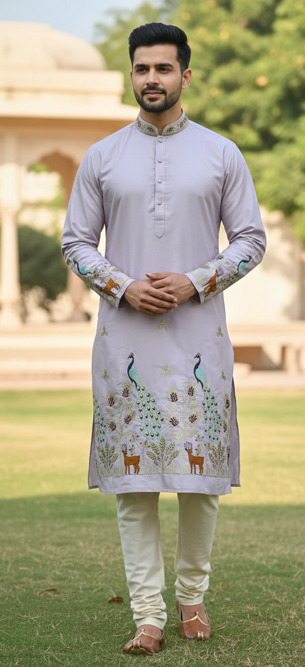 Soft lilac malai satin fabric showcasing peacock daman embroidery with sequins and nature-inspired detailing