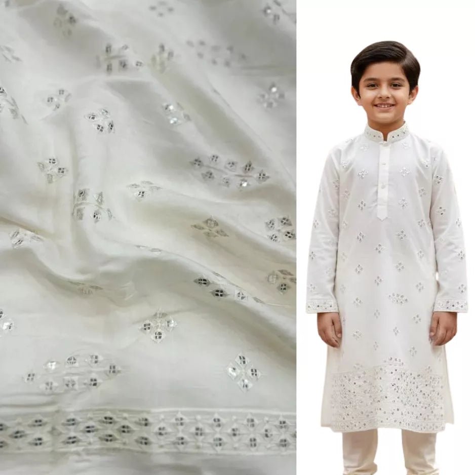 Kids Kurta Fabric in Cream Roman Silk with All-Over Mirror Embroidery.