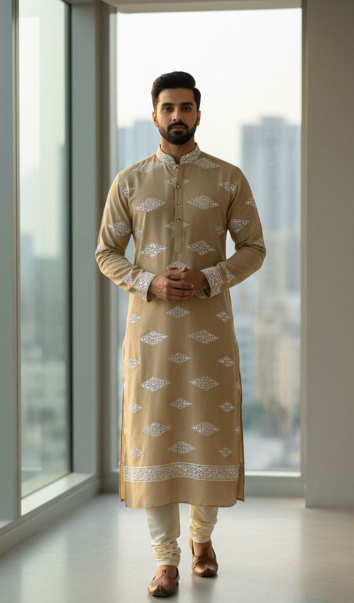 Men’s ethnic beige Roman silk fabric featuring contrast white mirror work embroidery for festive and party wear outfits.