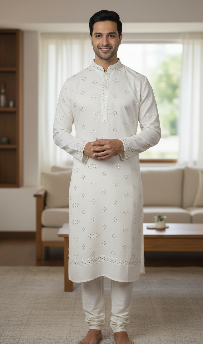 Designer Cream Roman Silk Fabric Featuring All-Over Mirror Embroidery Pattern.