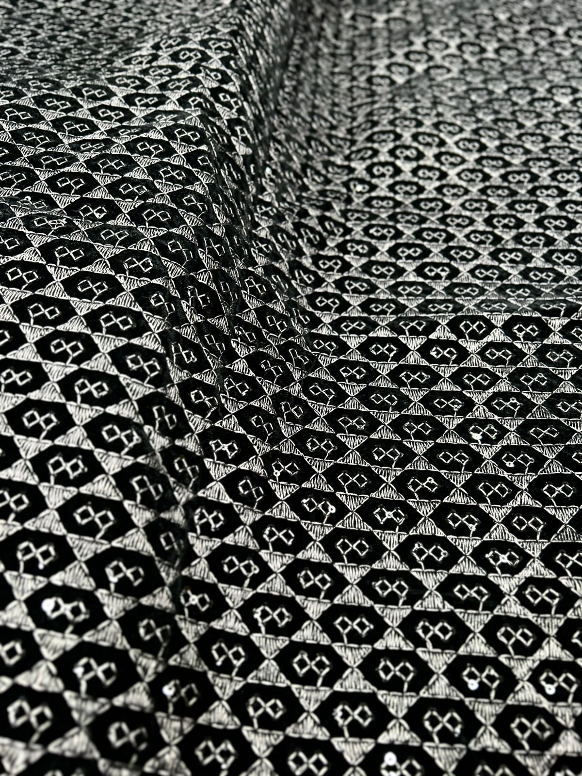 Textured premium velvet fabric in black with metallic grey detailing ideal for sherwani, bandhgala and waistcoat tailoring.
