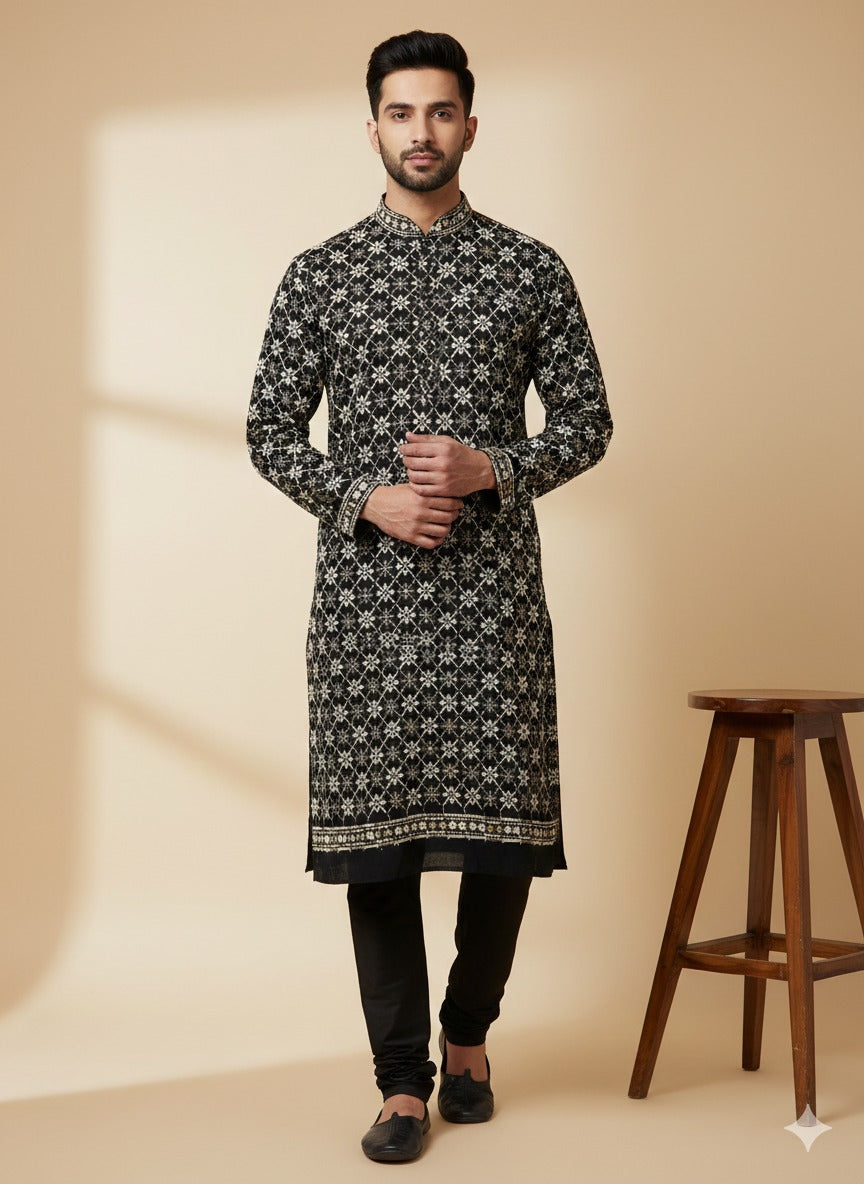 Festive black rayon kurta fabric with rich embroidery and sequin detailing