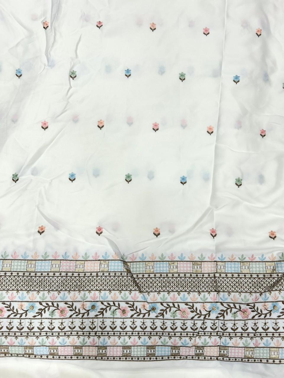 Festive wear kurta fabric in ivory malai satin featuring refined embroidery and detailed daman border design