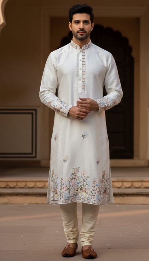 Festive wear kurta fabric in malai satin with intricate royal pastel embroidery and detailed daman border design