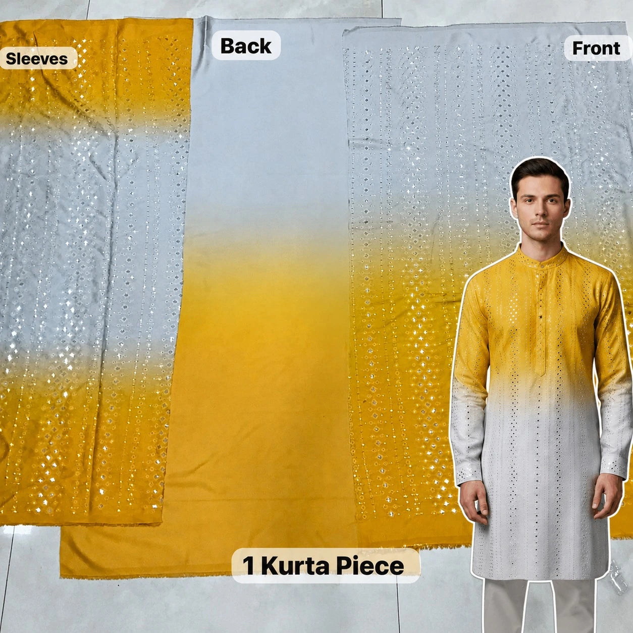 Handi, Diwali, wedding special fabric set. Bright yellow/gray ombre textile with sparkling sequin embellishment.