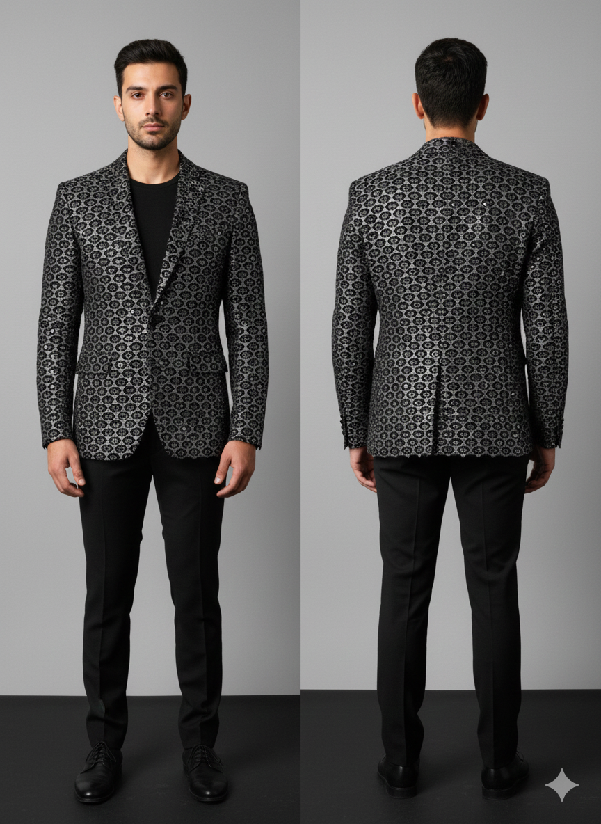 Soft black velvet fabric with metallic grey woven pattern displayed for premium tailoring and wedding wear fabrics.