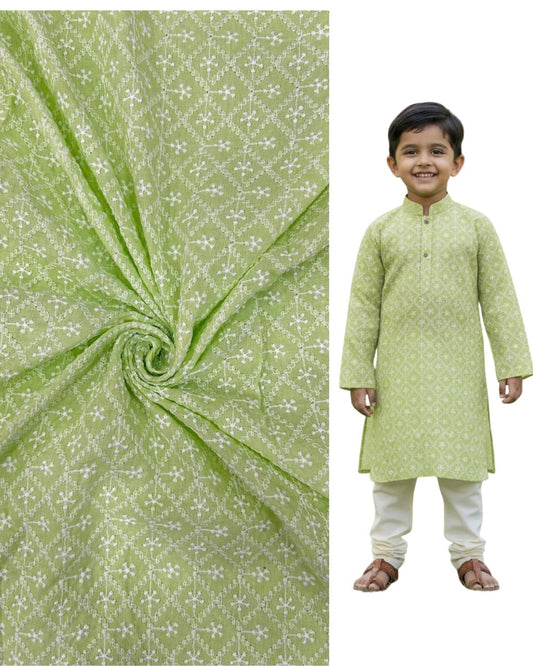 Kids green kurta fabric with white embroidered pattern shown beside a boy wearing the matching outfit, ideal for festive wear, traditional clothing, and ethnic events.