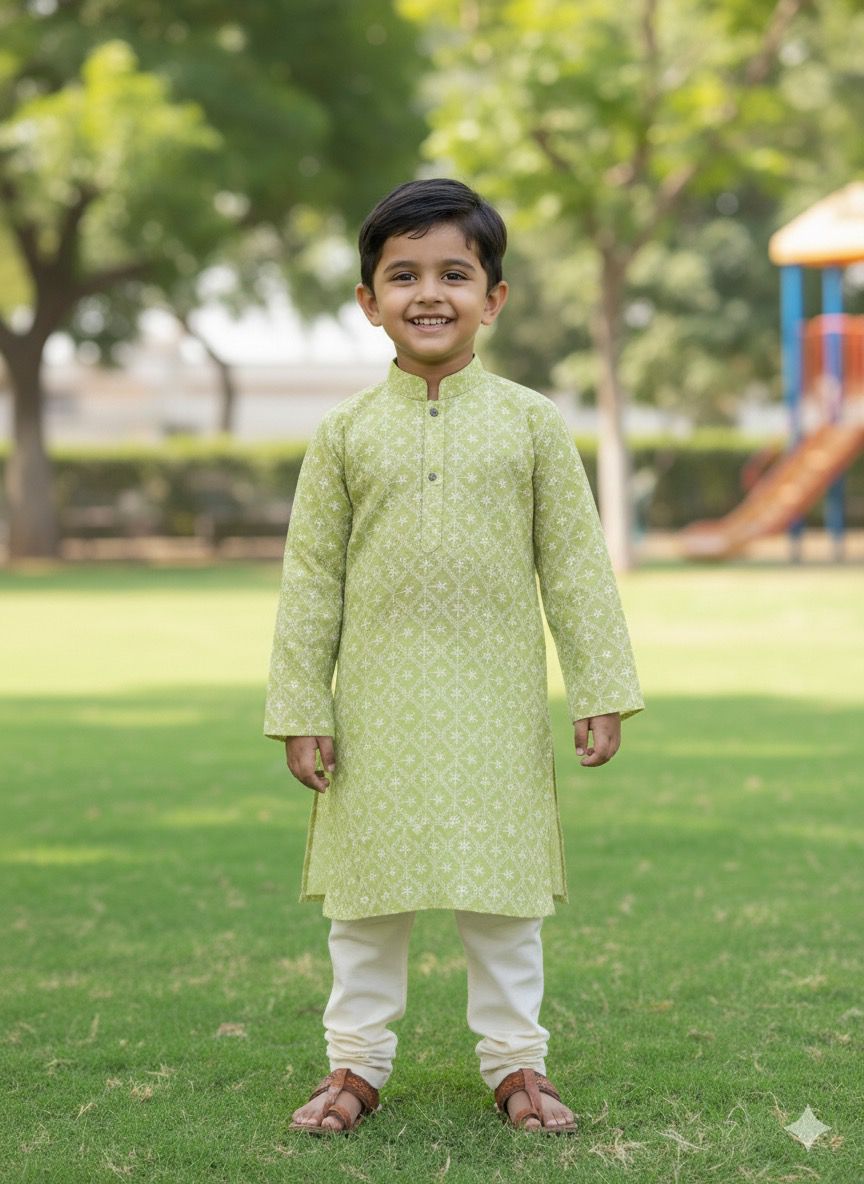 Premium green floral-pattern kurta fabric displayed alongside a child in coordinated ethnic wear, perfect for weddings, festivals, party wear, and cultural celebrations
