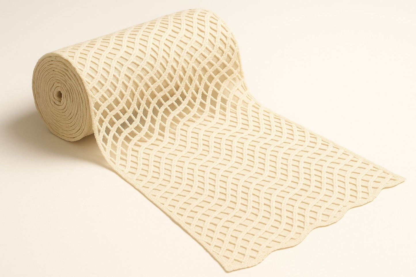 Pure cotton lace fabric featuring wave-style guipure embroidery for dresses and kurtis.