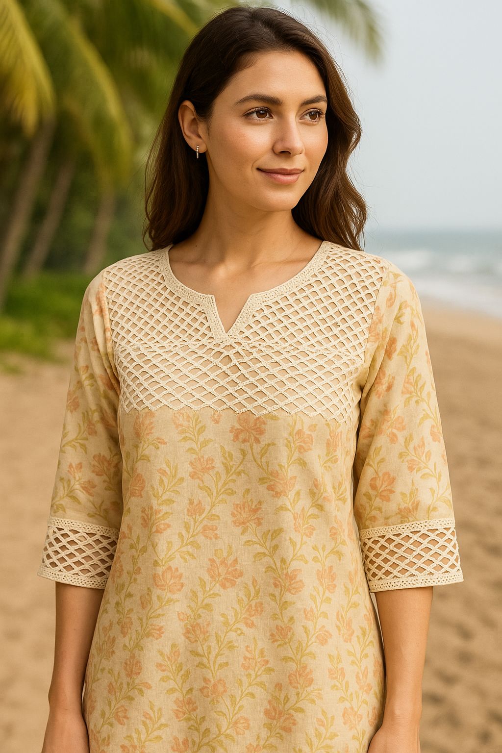 Breathable dyeable cotton guipure lace with curved cutwork design for garments.