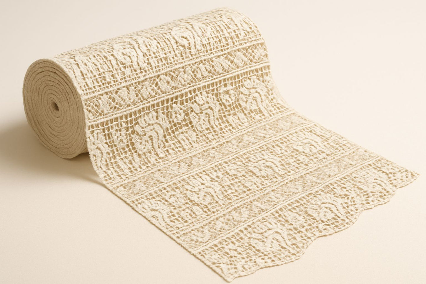 Bridal or lingerie lace border in ecru/white. The fabric shows alternating bands of delicate net mesh florals and geometric ladder motifs for finishing edges.