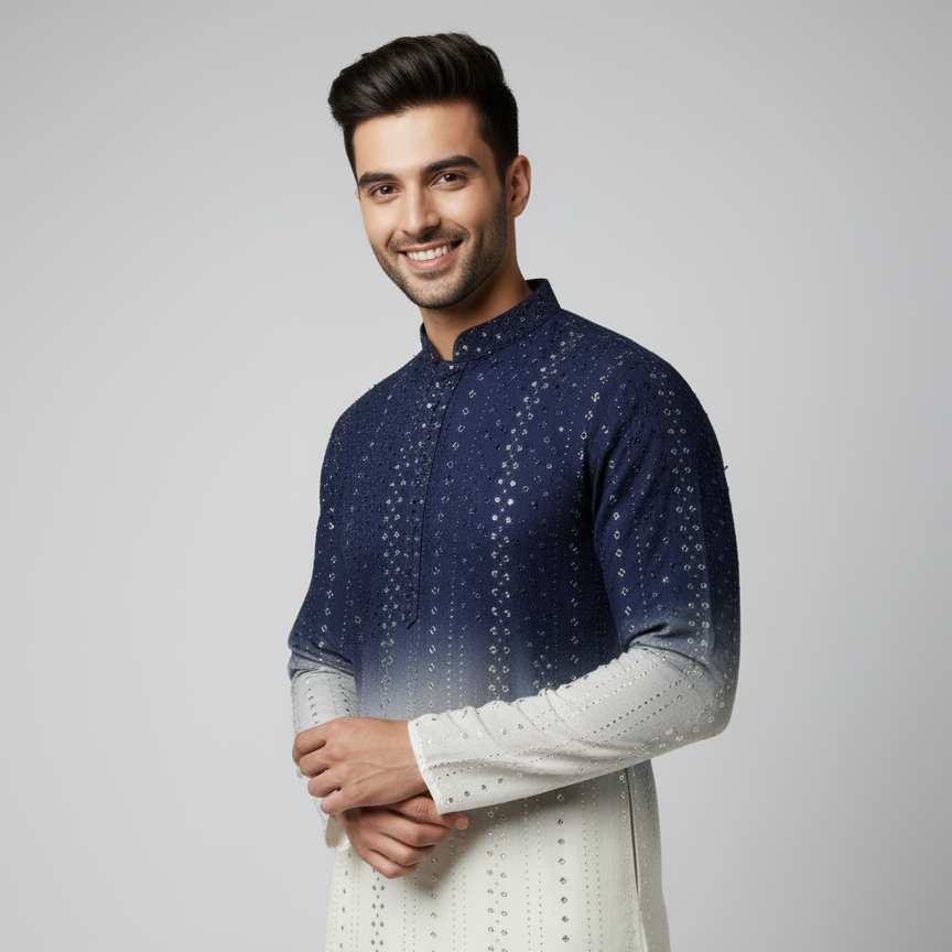 Wedding special decorated fabric set, one kurta piece. Ombre color pattern with shiny texture.