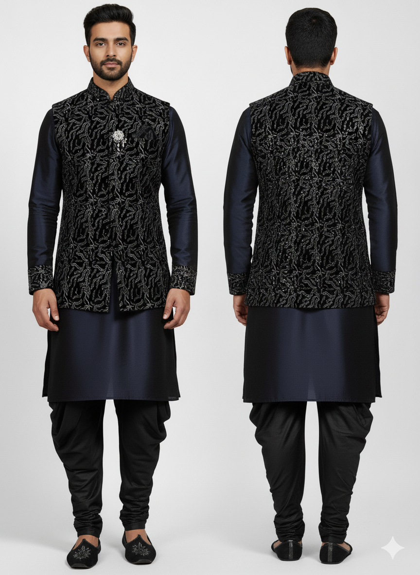 Designer velvet fabric with detailed silver embroidery motifs for men’s jackets and wedding outfits.